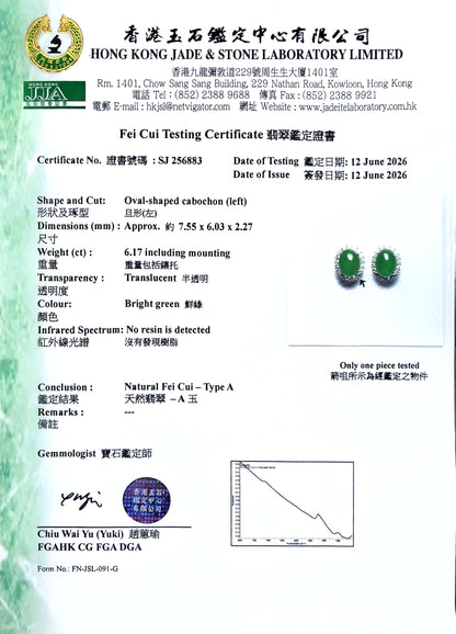Eternal Sunshine Bright Imperial Green Burmese A-Jade Stud Earrings with Diamond Halo and 18K White Gold - Certified - V7