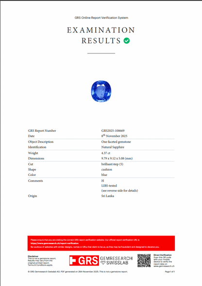 GRS Certified 4.37 cts. Heated Blue Sapphire (Sri Lankan/Ceylon) Eye Clean Loose Stone LS27