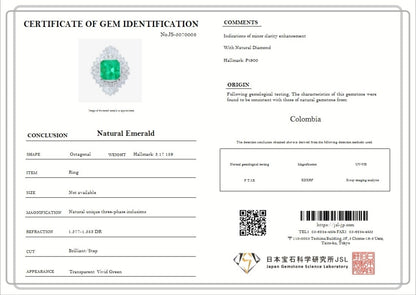 Kasugai MADE IN JAPAN Certified 3.17 cts. Vivid Green Columbian Emerald Ring with Platinum 900 and White Diamonds Size US4.5  - R15