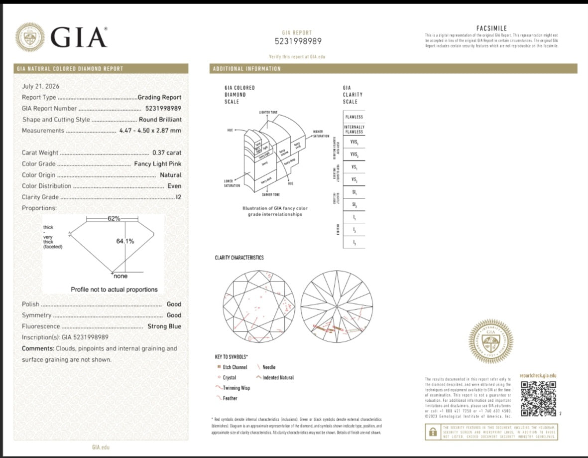 GIA Certified Natural 0.374 cts. Fancy Light Pink I1 Round Brilliant Diamond Loose Stone - LS79