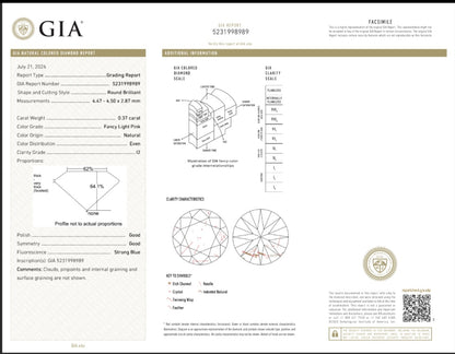 GIA Certified Natural 0.374 cts. Fancy Light Pink I1 Round Brilliant Diamond Loose Stone - LS79