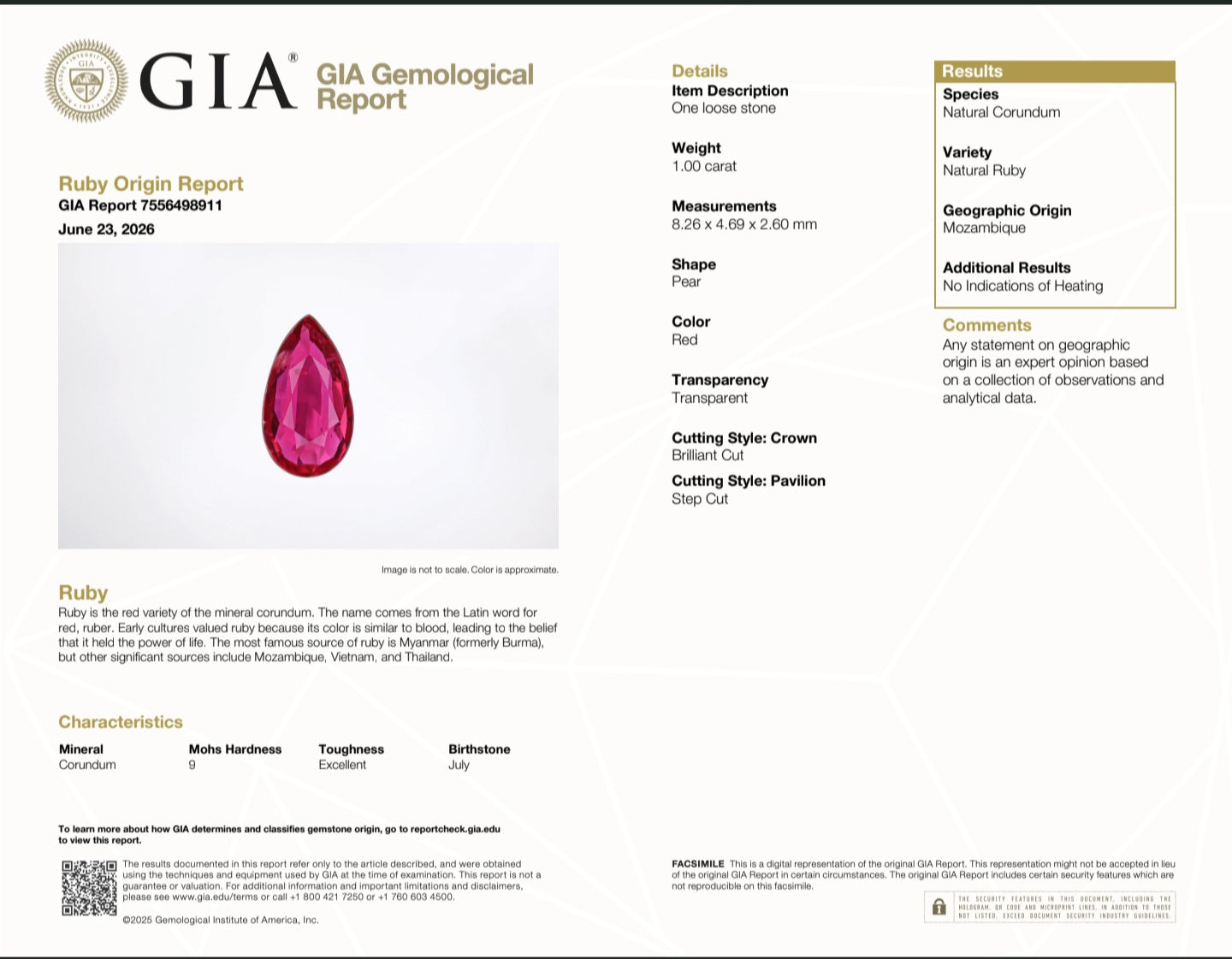 GIA Certified 1.00 cts. No Heat Vivid Red Ruby (Mozambique) Pear Shaped Loose Stone LS80
