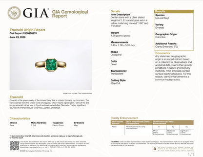 GIA Certified (F2) Choshi (Made in JAPAN) 1.61 cts. Bright Vivid Green Columbian Emerald Ring (with 18K Yellow Gold) Size US8.5  - R30