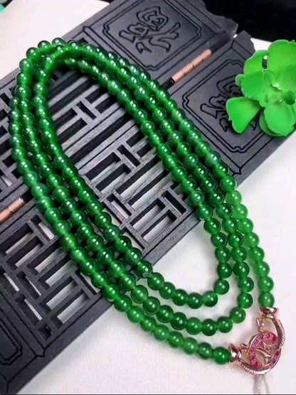 Imperial Green Burmese A-Jade Beaded Long Necklace - 25.60 inches (4.50 mm Beads) with Sterling Silver 925 - Certified - 10011