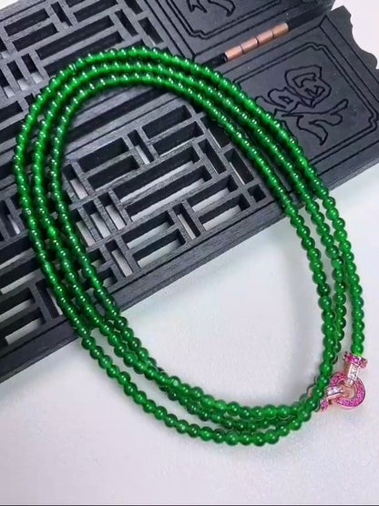 Imperial Green Burmese A-Jade Beaded Long Necklace - 24.50 inches (2.80 mm Beads) with Sterling Silver 925 - Certified - 10010