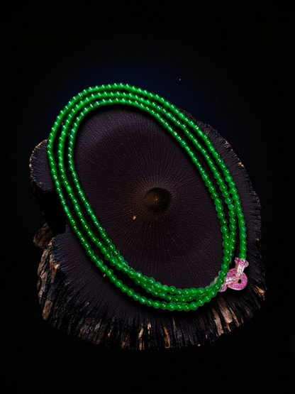 Imperial Green Burmese A-Jade Beaded Long Necklace - 24.50 inches (2.80 mm Beads) with Sterling Silver 925 - Certified - 10010