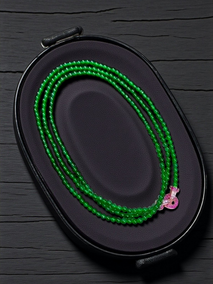 Imperial Green Burmese A-Jade Beaded Long Necklace - 24.50 inches (2.80 mm Beads) with Sterling Silver 925 - Certified - 10010