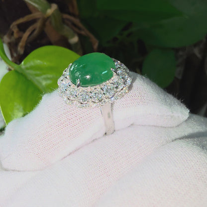 Shinshiro MADE IN JAPAN 6.88 cts. Certified Intense Icy Green Burmese A-Jadeite Ring (with 18K White Gold and White Diamonds) Size US7 - R27