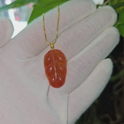 Aka Fuji Leaf (MADE IN JAPAN) Burmese Red A-Jadeite Charm Pendant (with 18K Yellow Gold) - Certified