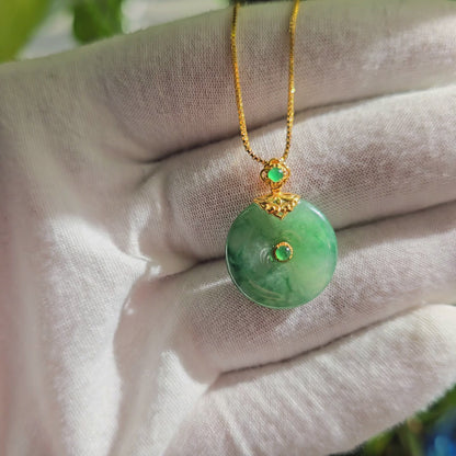 Emperors' Round Burmese A-Jadeite 19.50 mm Donut Pendant (with 18K Yellow Gold) - Certified - V10