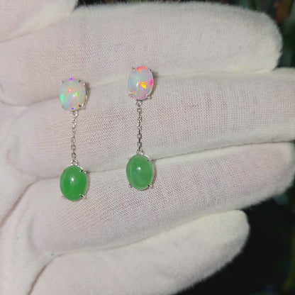 Opade Opulence Burmese A-Jadeite and Australian Opal Drop and Dangle Earrings with 18K White Gold - Certified V1