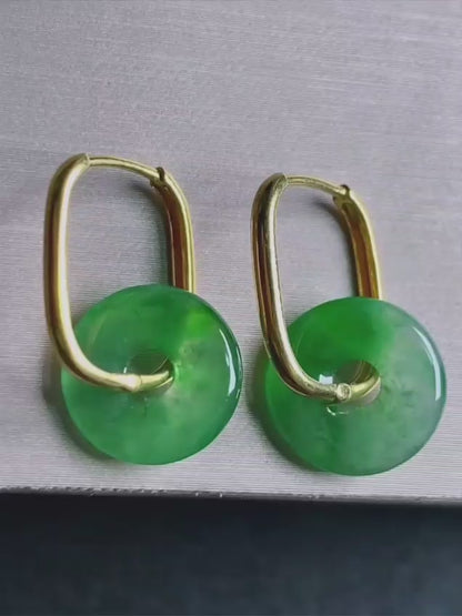 Tokoname Dangling Donut Bright Icy Green Burmese A-Jade Earrings (with 18K Yellow Gold) - Certified