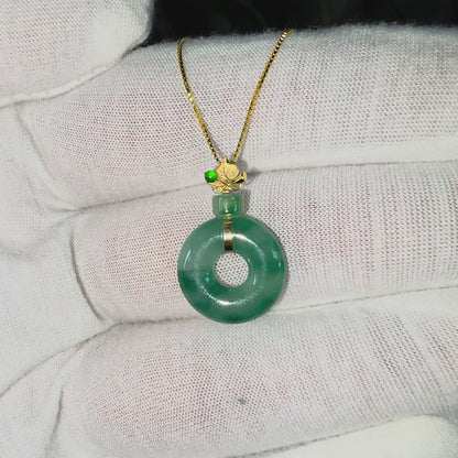 Inzai Round Icy Deep Green Burmese A-Jadeite 16.00 mm Donut Disc Charm Pendant (with 18K Yellow Gold) - Certified V2