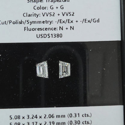 GIA Certified 0.61 cts. Natural G VVS2 Trapezoid Diamond Matched Pair Loose Stones Jewelry Set JS009