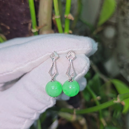 Inazawa 10 mm Dangling Beads Bright Green Burmese A-Jade Earrings (with 18K White Gold and White Diamonds) - Certified