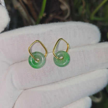 Tokoname Dangling Donut Bright Icy Green Burmese A-Jade Earrings (with 18K Yellow Gold) - Certified