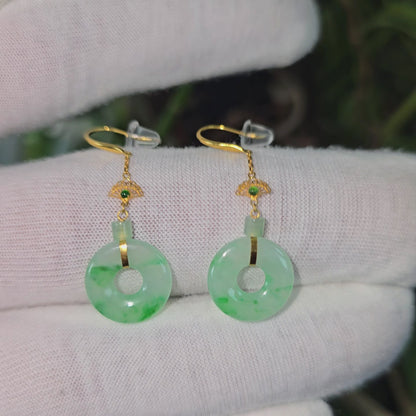 Inuyama Dangling Donut Icy Green Burmese A-Jade French Hook Earrings (with 18K Yellow Gold) - Certified