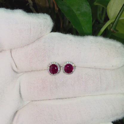 Eternal Sunshine 2.50 cts. Deep Vivid Red Ruby Stud Earrings (with Natural White Diamonds Halo and 18K White Gold) - V5