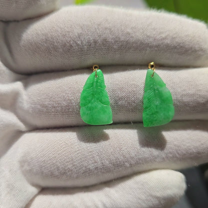Nakamura Dangling Leaf Imperial Green Burmese A-Jade Earrings (with 18K Yellow Gold) - Certified