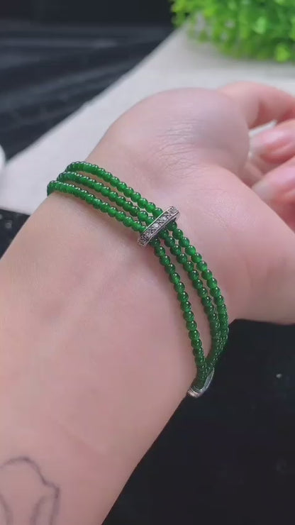 Certified Imperial Japanese Green Burmese A-Jade Triple Beaded Bracelet (MADE IN JAPAN) (2.50 mm Each x 180 beads) 05045 (With Silver 925)