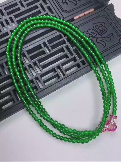 Imperial Green Burmese A-Jade Beaded Long Necklace - 24.50 inches (2.80 mm Beads) with Sterling Silver 925 - Certified - 10010