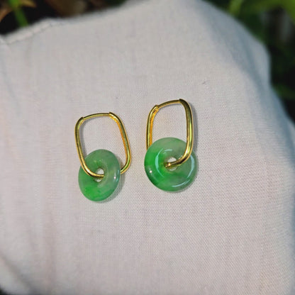 Tokoname Dangling Donut Bright Icy Green Burmese A-Jade Earrings (with 18K Yellow Gold) - Certified