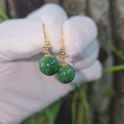 Kiyosu 11.50 mm Dangling Beads Deep Intense Green Burmese A-Jade French Hook Earrings (with 18K Yellow Gold and White Diamonds) - Certified