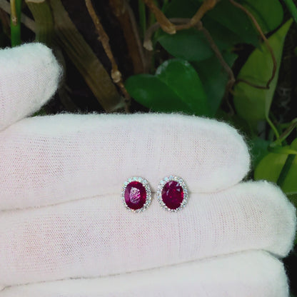 Eternal Sunshine 2.50 cts. Deep Vivid Red Ruby Stud Earrings (with Natural White Diamonds Halo and 18K White Gold) - V6