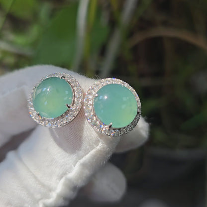 Eternal Sunshine Blue Green Burmese A-Jade Stud Earrings with Diamond Halo and 18K White Gold - Certified - V3
