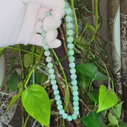 Winter Green Burmese A-Jade Beaded Long Necklace - 18.50 inches (10.50mm Each x 40 Beads) with Sterling Silver 925 - 10018
