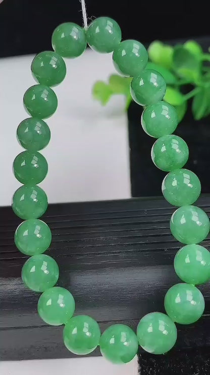 Certified Japanese Vivid Imperial Green Burmese A-Jade Beaded Bracelet (MADE IN JAPAN) (9.50 mm Each x 21 beads) 05050