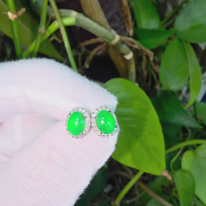 Eternal Sunshine Bright Imperial Green Burmese A-Jade Stud Earrings with Diamond Halo and 18K White Gold - Certified - V7