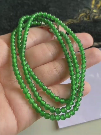 Imperial Green Burmese A-Jade Beaded Long Necklace - 19.50 inches (3.70 mm Beads) with Sterling Silver 925 - Certified - 10013