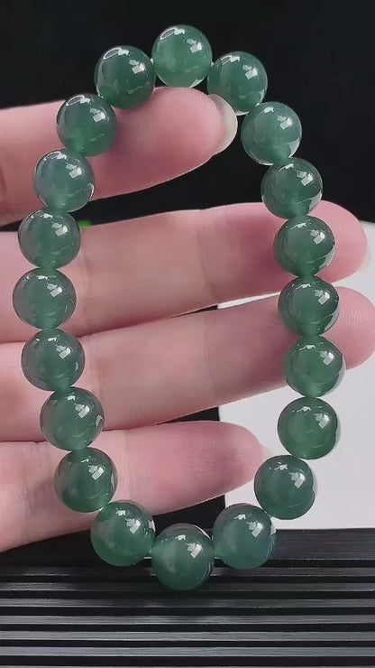 Certified Japanese Intense Deep Green Burmese A-Jade Beaded Bracelet (MADE IN JAPAN) (9.80 mm Each x 20 beads) 05069