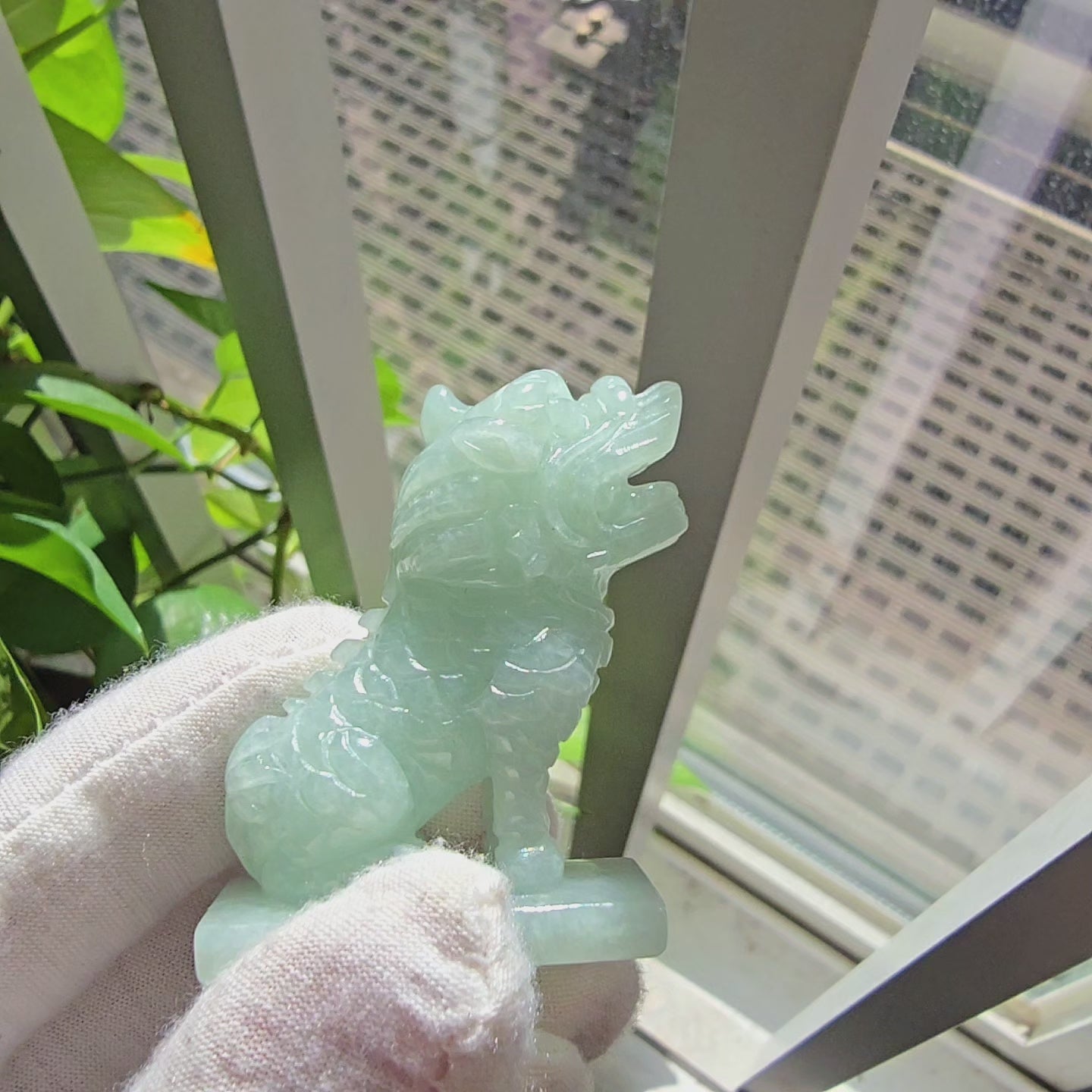 Japanese Kirin Carved Burmese A-Jadeite Ornament Showpiece with
