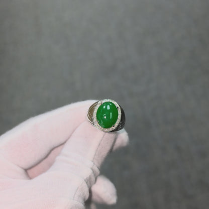 Chiba MADE IN JAPAN 7.42 cts. Certified Vivid Apple Green Burmese A-Jadeite Ring (with 18K White Gold and White Diamonds) Size US9.5  - R26