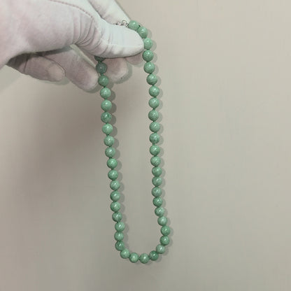 Winter Green Burmese A-Jade Beaded Long Necklace - 17.80 inches (9mm Each x 46 Beads) with Sterling Silver 925 - 10014