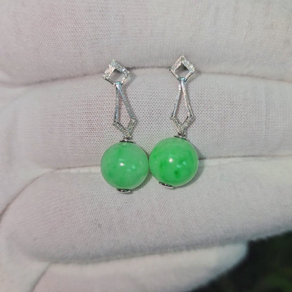 Inazawa 10 mm Dangling Beads Bright Green Burmese A-Jade Earrings (with 18K White Gold and White Diamonds) - Certified