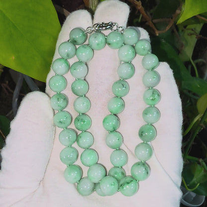 Winter Green Burmese A-Jade Beaded Long Necklace - 18.50 inches (10.50mm Each x 40 Beads) with Sterling Silver 925 - 10017