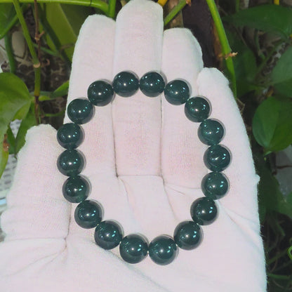 Certified Japanese Intense Deep Green Burmese A-Jade Beaded Bracelet (MADE IN JAPAN) (12 mm Each x 18 beads) 05065