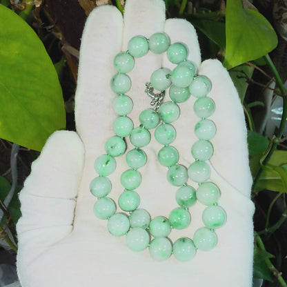 Winter Green Burmese A-Jade Beaded Long Necklace - 18.50 inches (10.50mm Each x 40 Beads) with Sterling Silver 925 - 10018