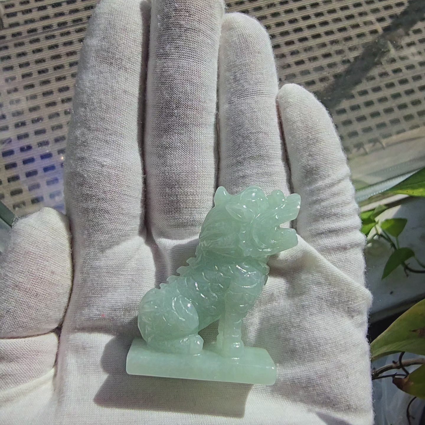 Japanese Kirin Carved Burmese A-Jadeite Ornament Showpiece with