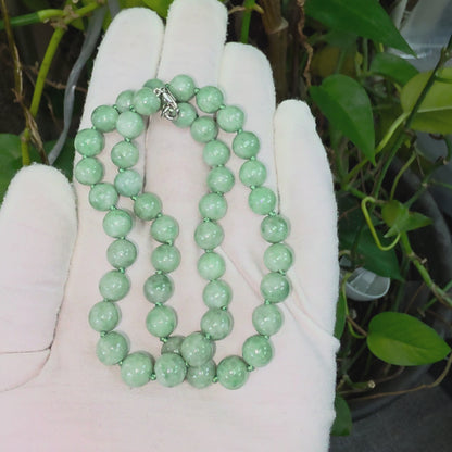 Winter Green Burmese A-Jade Beaded Long Necklace - 17.80 inches (9mm Each x 46 Beads) with Sterling Silver 925 - 10014