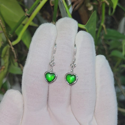 Tokai Dangling Hearts Intense Imperial Green Burmese A-Jade French Hook Earrings (with 18K White Gold and White Diamonds) - Certified