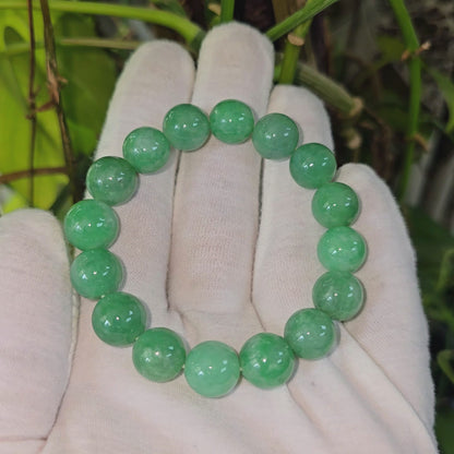 Certified Japanese Bright Green Burmese A-Jade Beaded Bracelet (MADE IN JAPAN) (12.50 - 13.00 mm Each x 16 beads) 05051