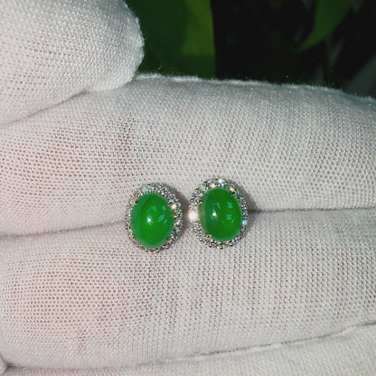 Eternal Sunshine Bright Imperial Green Burmese A-Jade Stud Earrings with Diamond Halo and 18K White Gold - Certified - V7