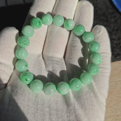 Certified Japanese Bright Green Burmese A-Jade Beaded Bracelet (MADE IN JAPAN) (10.50 mm Each x 19 beads) 05043