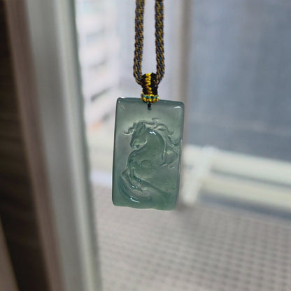 Iwakura Carved Horse Icy Blue Green Burmese A-Jadeite Pendant - Certified