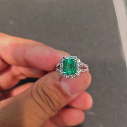 Handa MADE IN JAPAN Certified 2.34 cts. Minor Oil Vivid Green Columbian Emerald Ring with Platinum 900 and White Diamonds Size US6  - R14