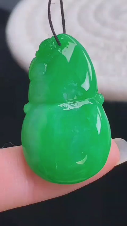 Buddha Double Gourd Vivid-Imperial Green Burmese A-Jadeite Pendant - V1 - Certified